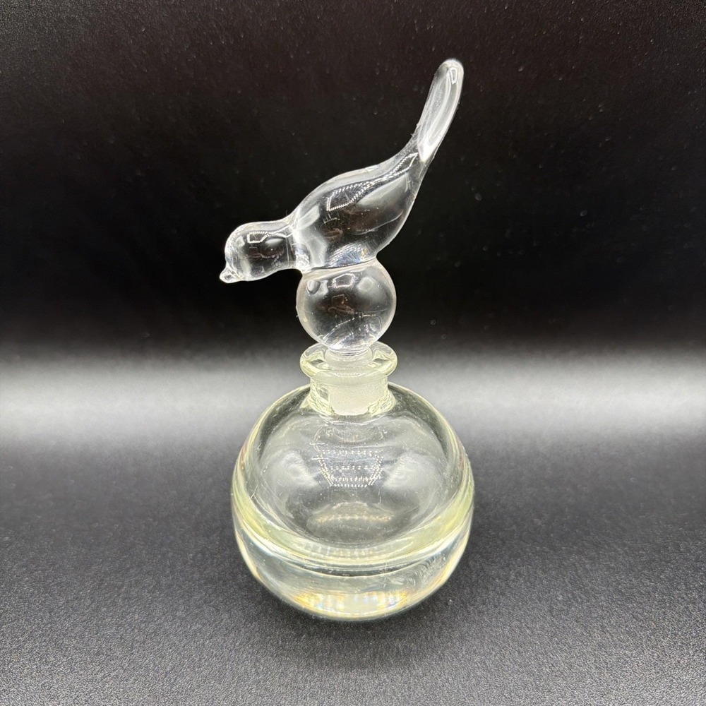 Vintage Clear Crystal Weighted Glass Perfume Bottle w/ Bird Stopper  6 1/2" Tall